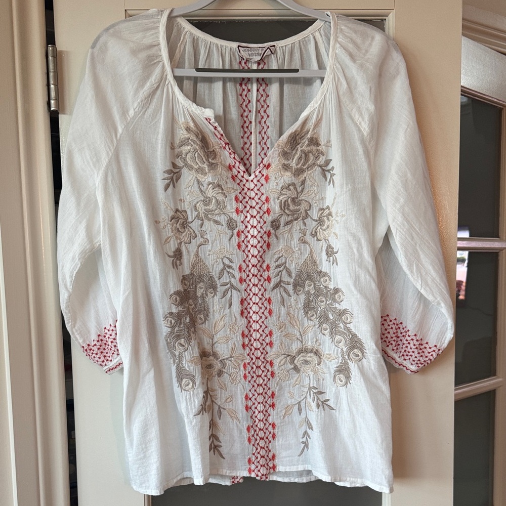 Johnny Was White Blouse with Red and Brown Embroidery